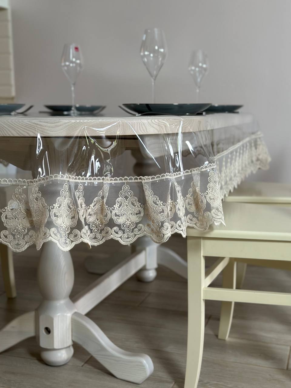 Silicone tablecloth with Richelieu lace, color: Cappuccino (custom size or standard size)