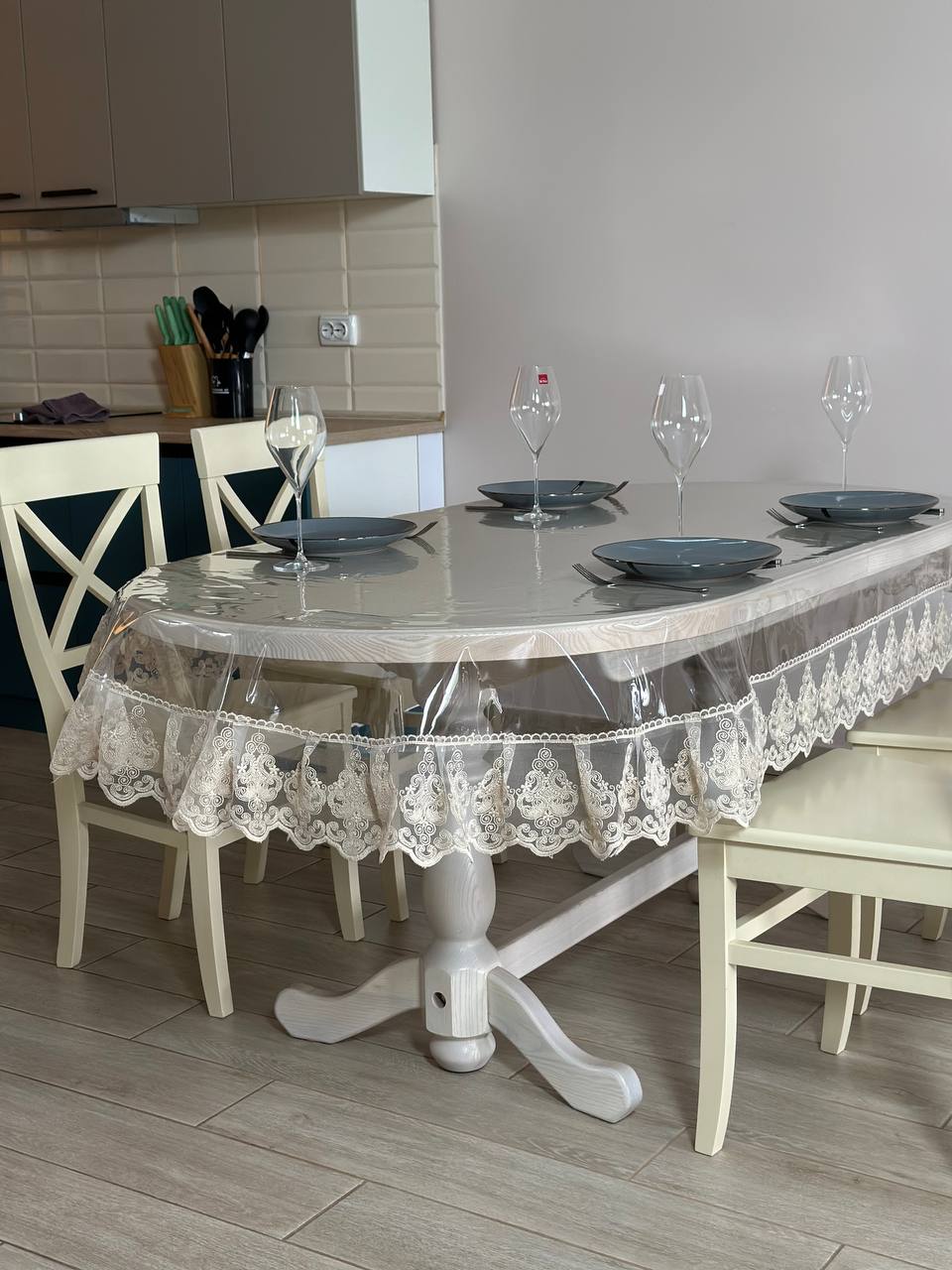 Silicone tablecloth with Richelieu lace, color: Cappuccino (custom size or standard size)