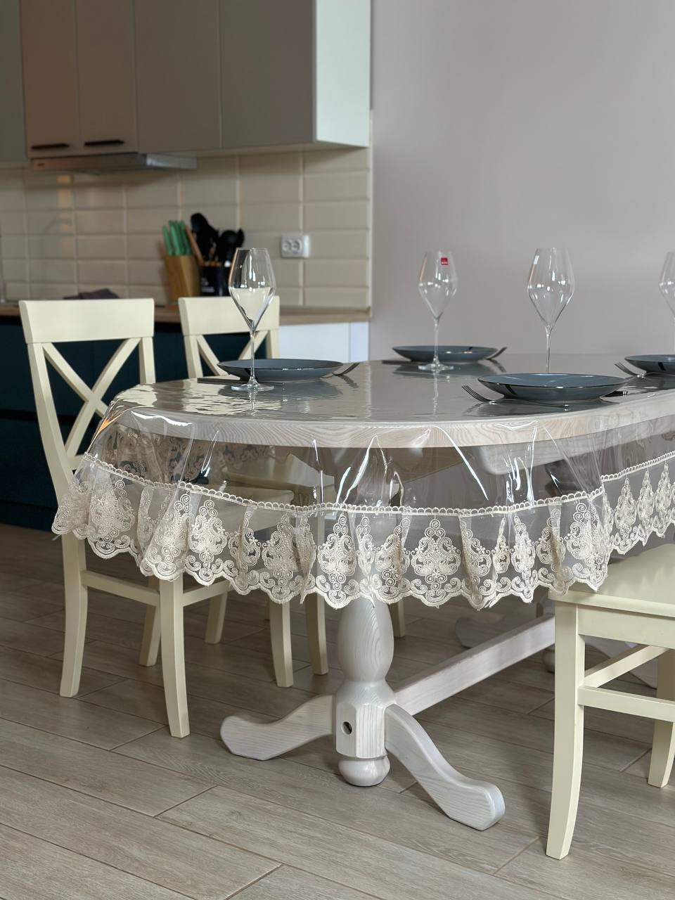 Silicone tablecloth with Richelieu lace, color: Cappuccino (custom size or standard size)