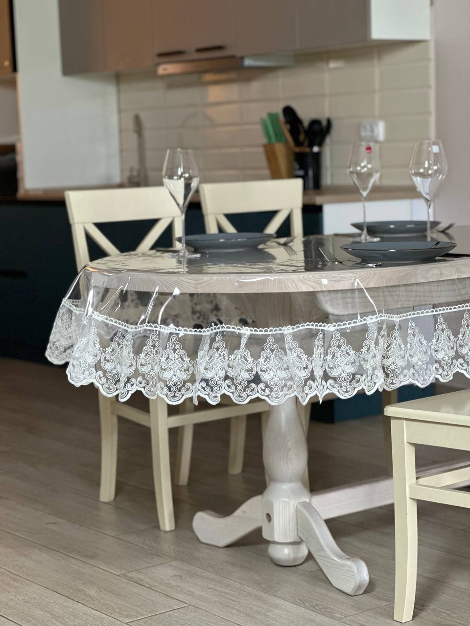 Silicone tablecloth with Richelieu lace, color: Milk (custom size or standard size)