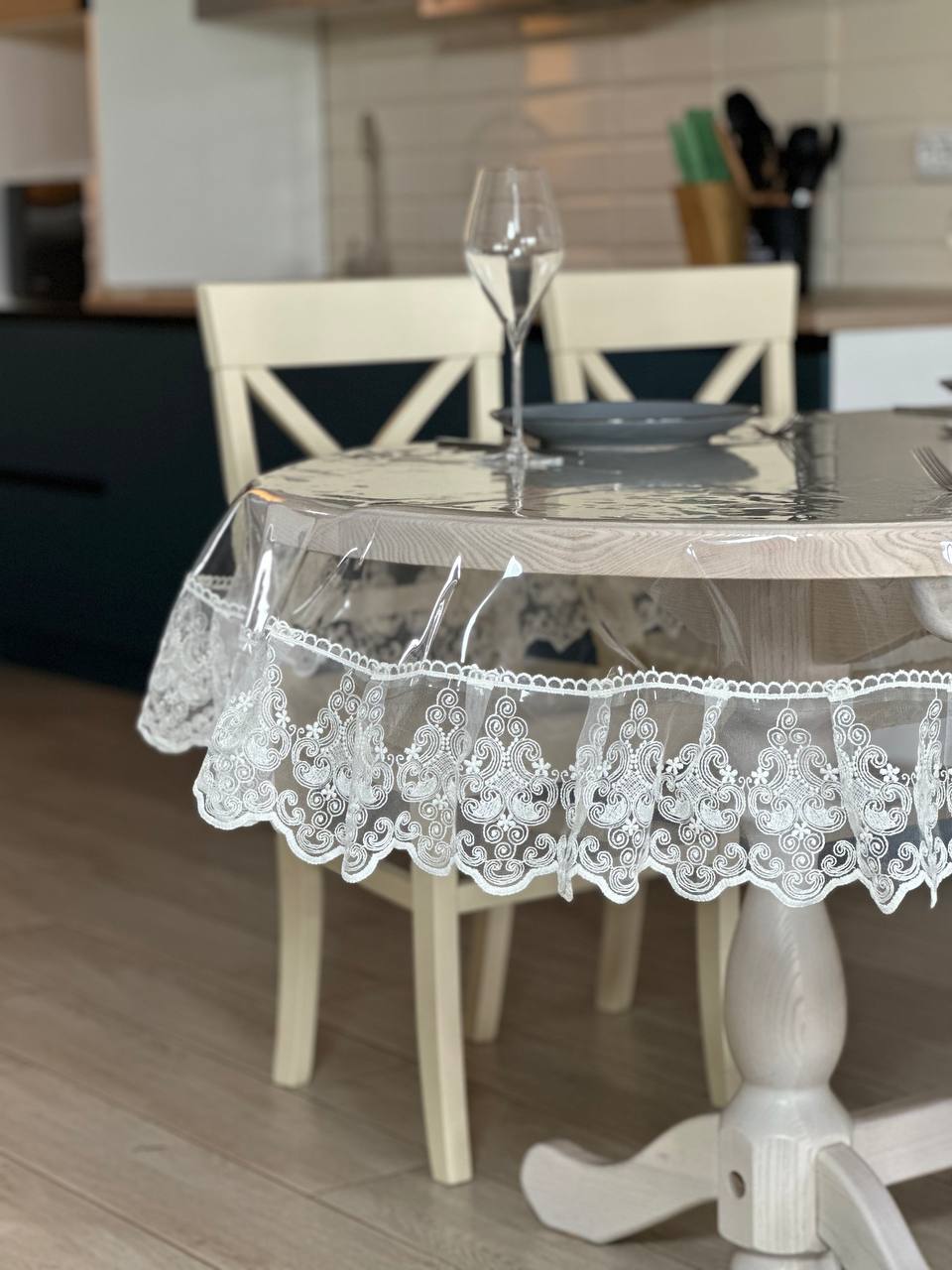 Silicone tablecloth with Richelieu lace, color: Milk (custom size or standard size)