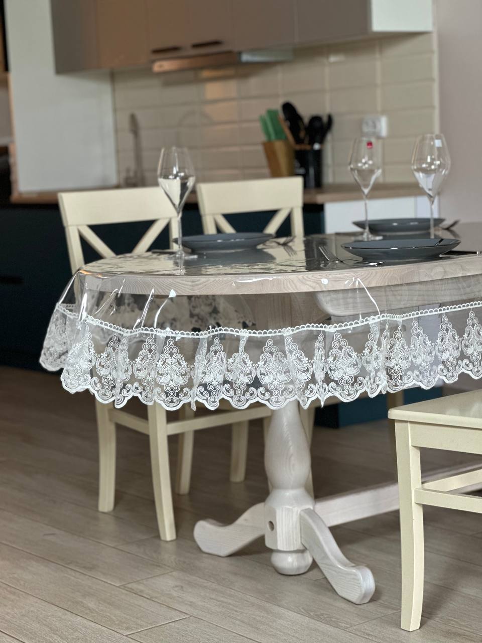 Silicone tablecloth with Richelieu lace, color: Milk (custom size or standard size)