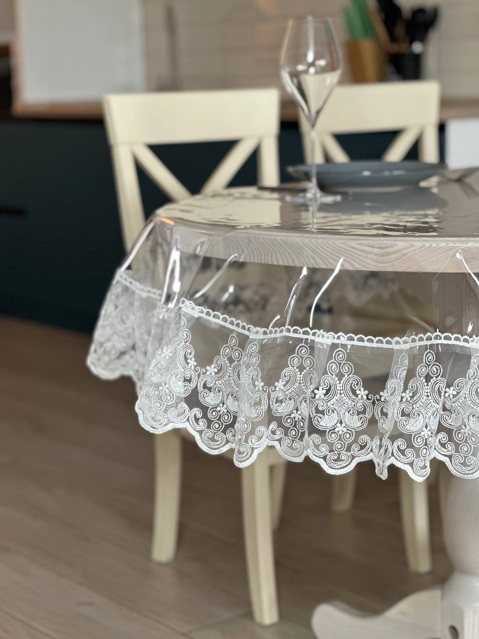 Silicone tablecloth with Richelieu lace, color: Milk (custom size or standard size)