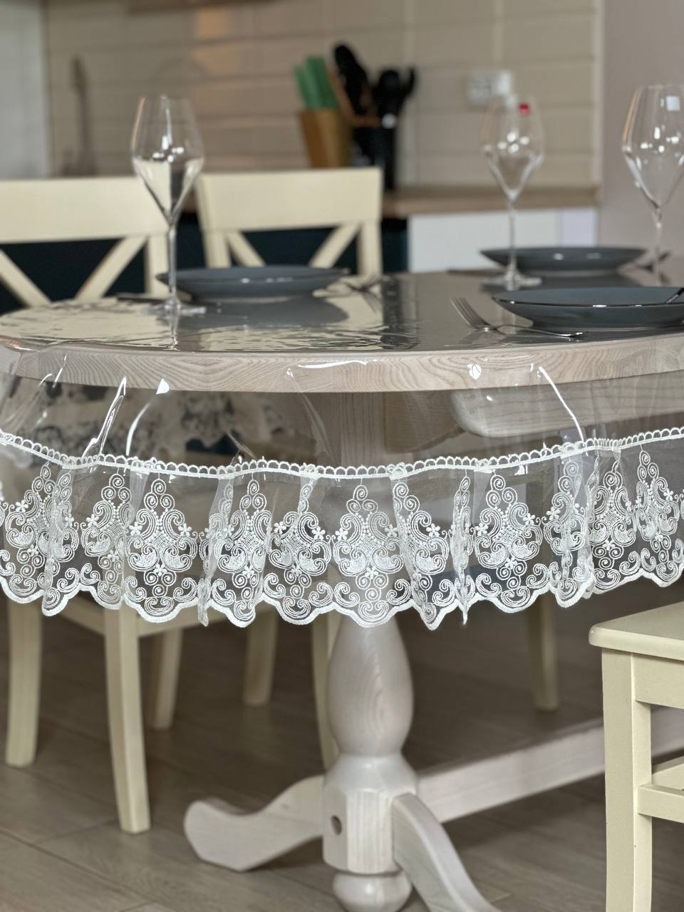 Silicone tablecloth with Richelieu lace, color: Milk (custom size or standard size)