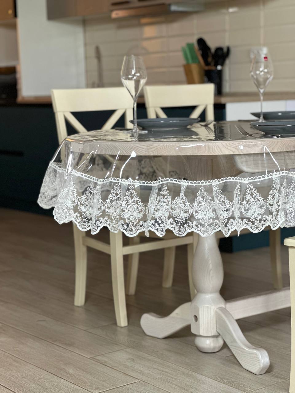 Silicone tablecloth with Richelieu lace, color: Milk (custom size or standard size)