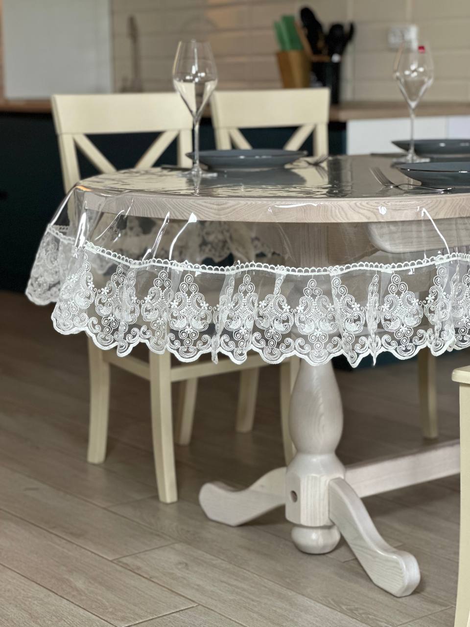 Silicone tablecloth with Richelieu lace, color: Milk (custom size or standard size)