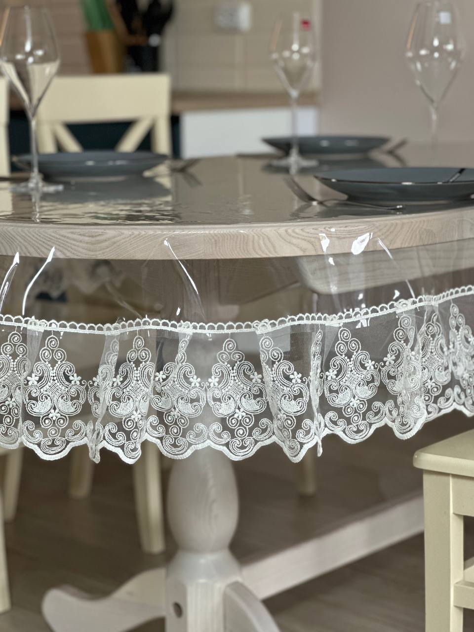 Silicone tablecloth with Richelieu lace, color: Milk (custom size or standard size)