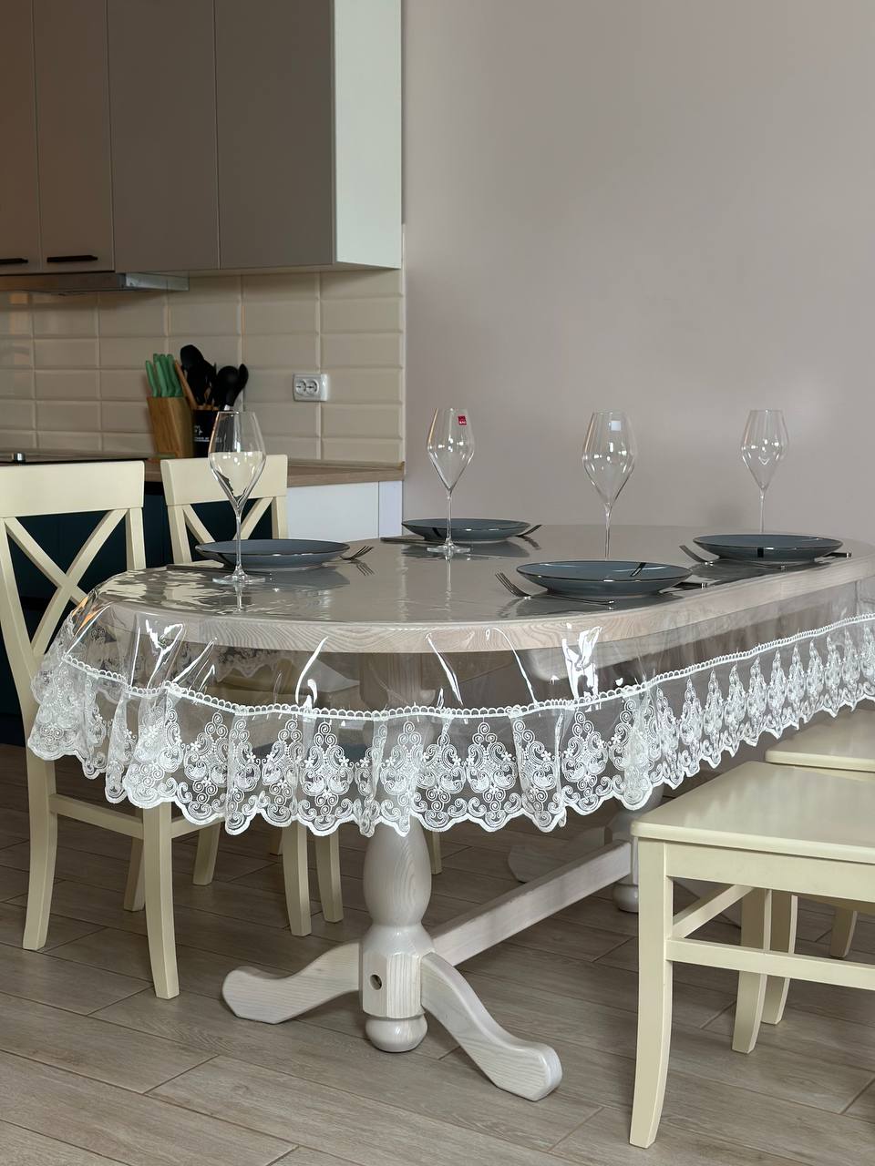 Silicone tablecloth with Richelieu lace, color: Milk (custom size or standard size)