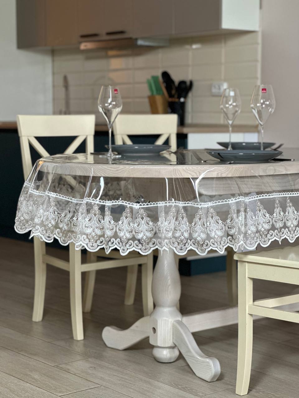 Silicone tablecloth with Richelieu lace, 2 colors: milk and Cappuccino (custom size or standard size)