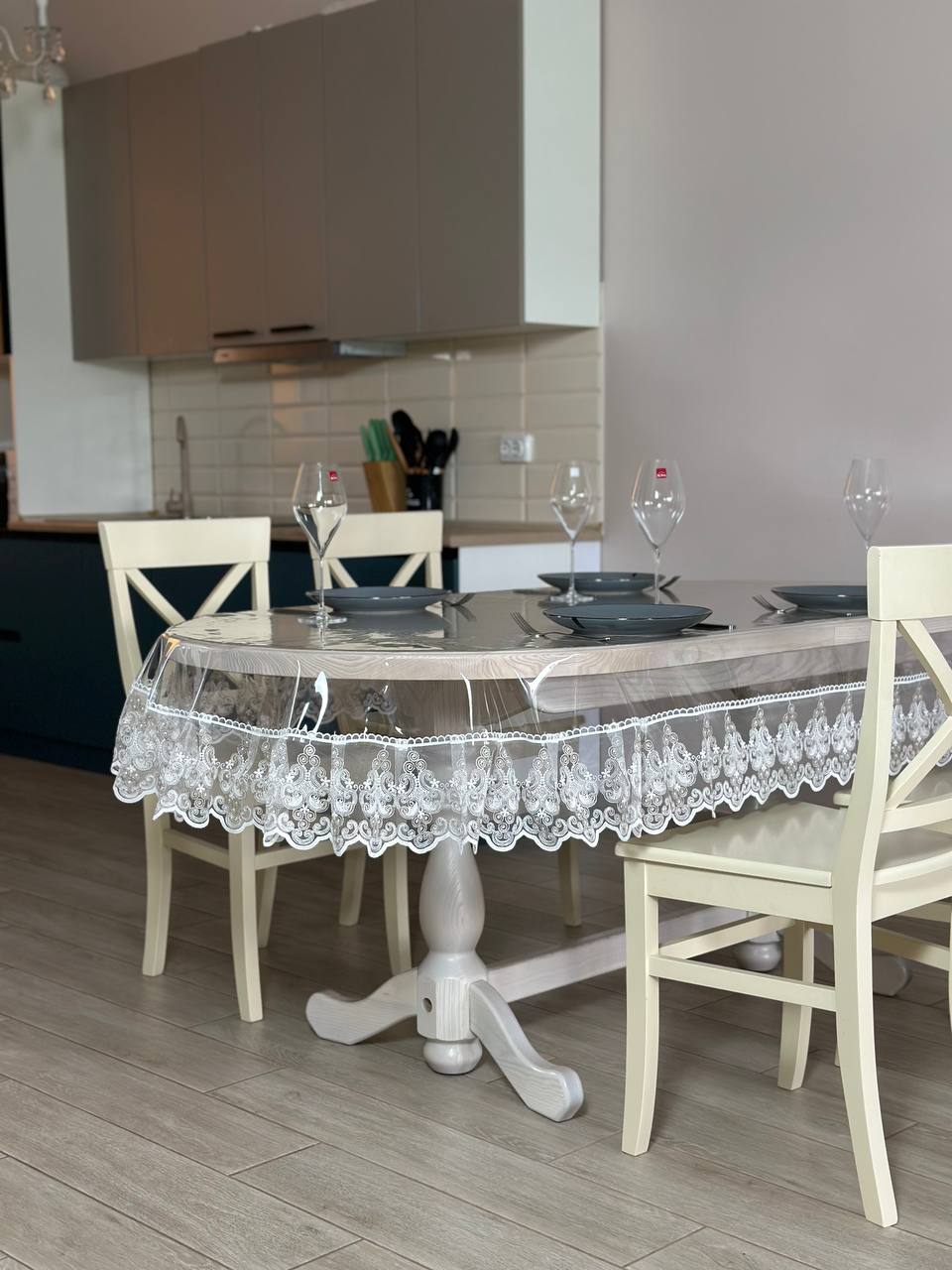 Silicone tablecloth with Richelieu lace, 2 colors: milk and Cappuccino (custom size or standard size)