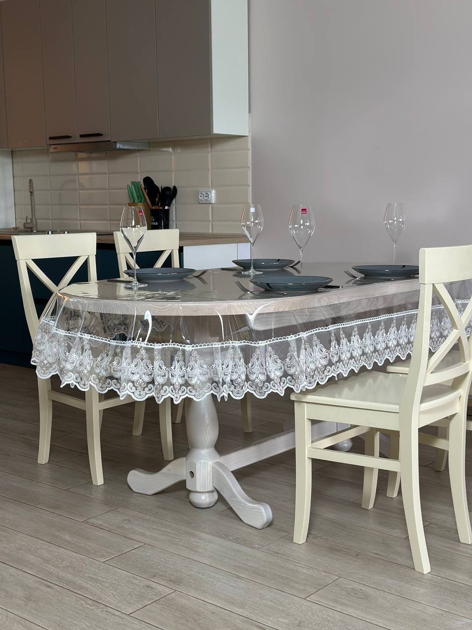 Silicone tablecloth with Richelieu lace, 2 colors: milk and Cappuccino (custom size or standard size)