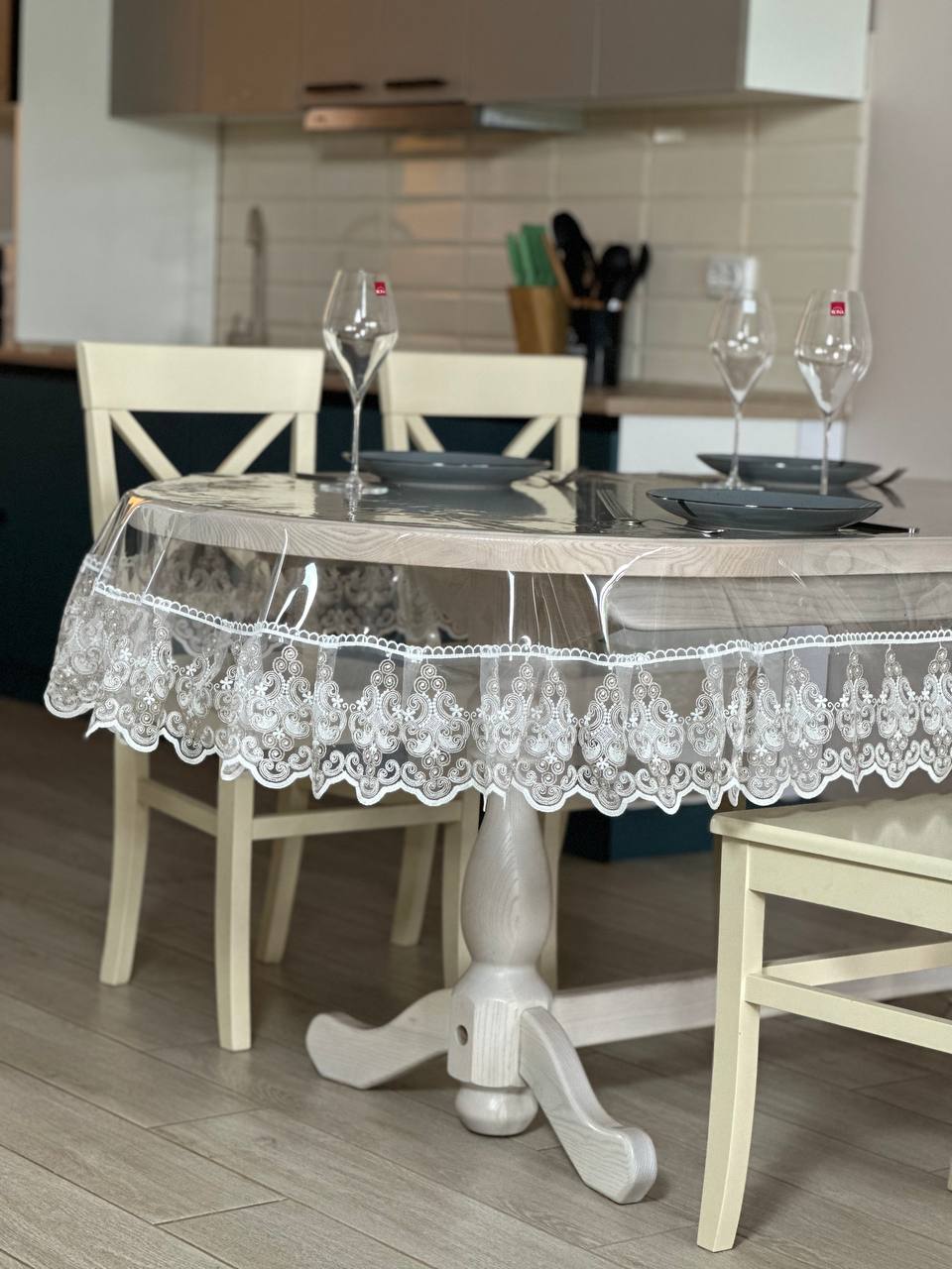Silicone tablecloth with Richelieu lace, 2 colors: milk and Cappuccino (custom size or standard size)
