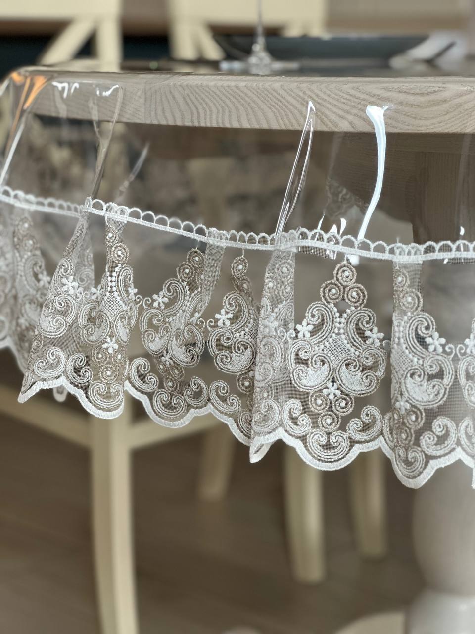 Silicone tablecloth with Richelieu lace, 2 colors: milk and Cappuccino (custom size or standard size)