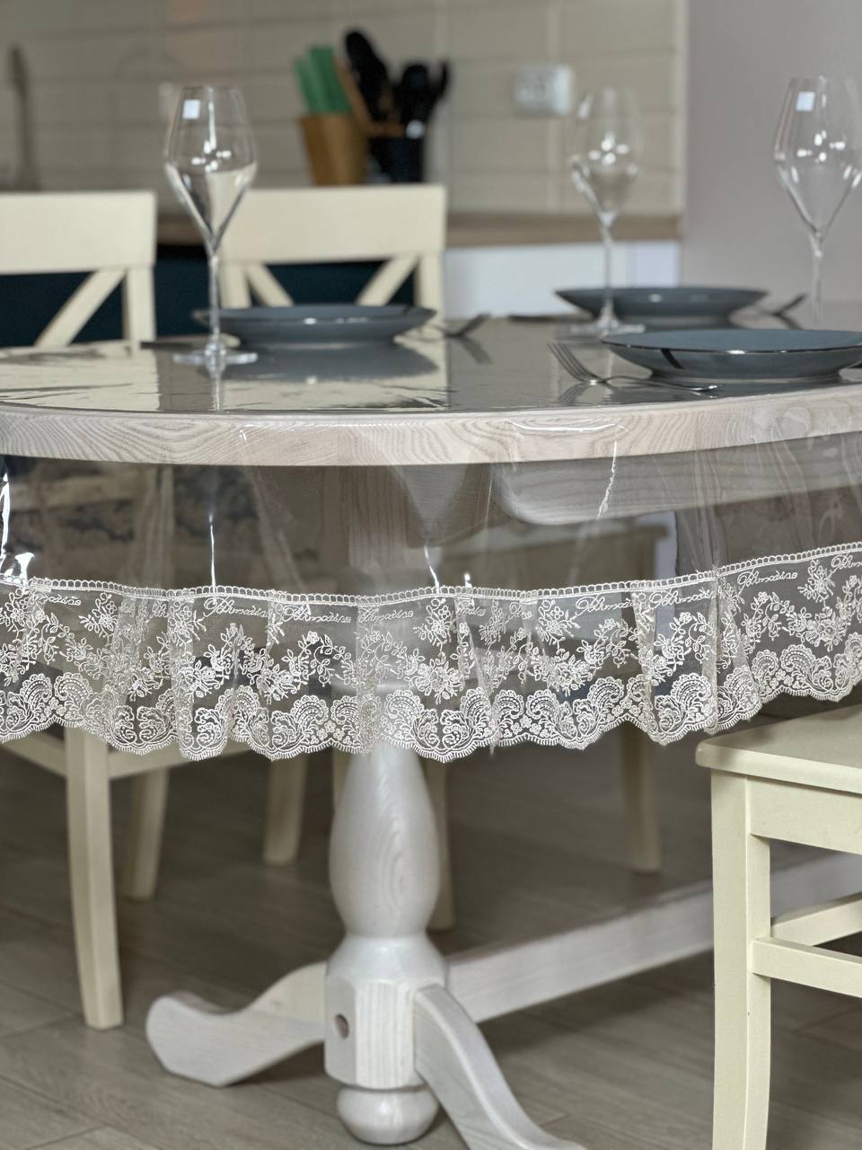 Silicone tablecloth with Blumarine lace, color: Cappuccino (custom size or standard size)