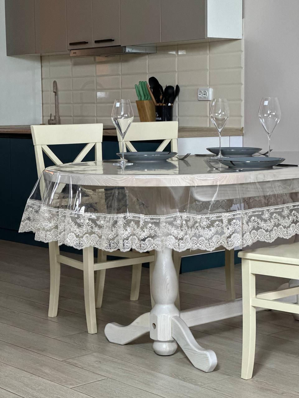 Silicone tablecloth with Blumarine lace, color: Cappuccino (custom size or standard size)