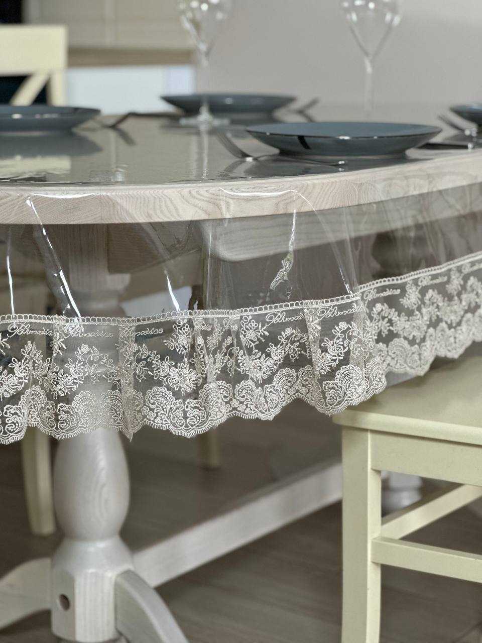 Silicone tablecloth with Blumarine lace, color: Cappuccino (custom size or standard size)