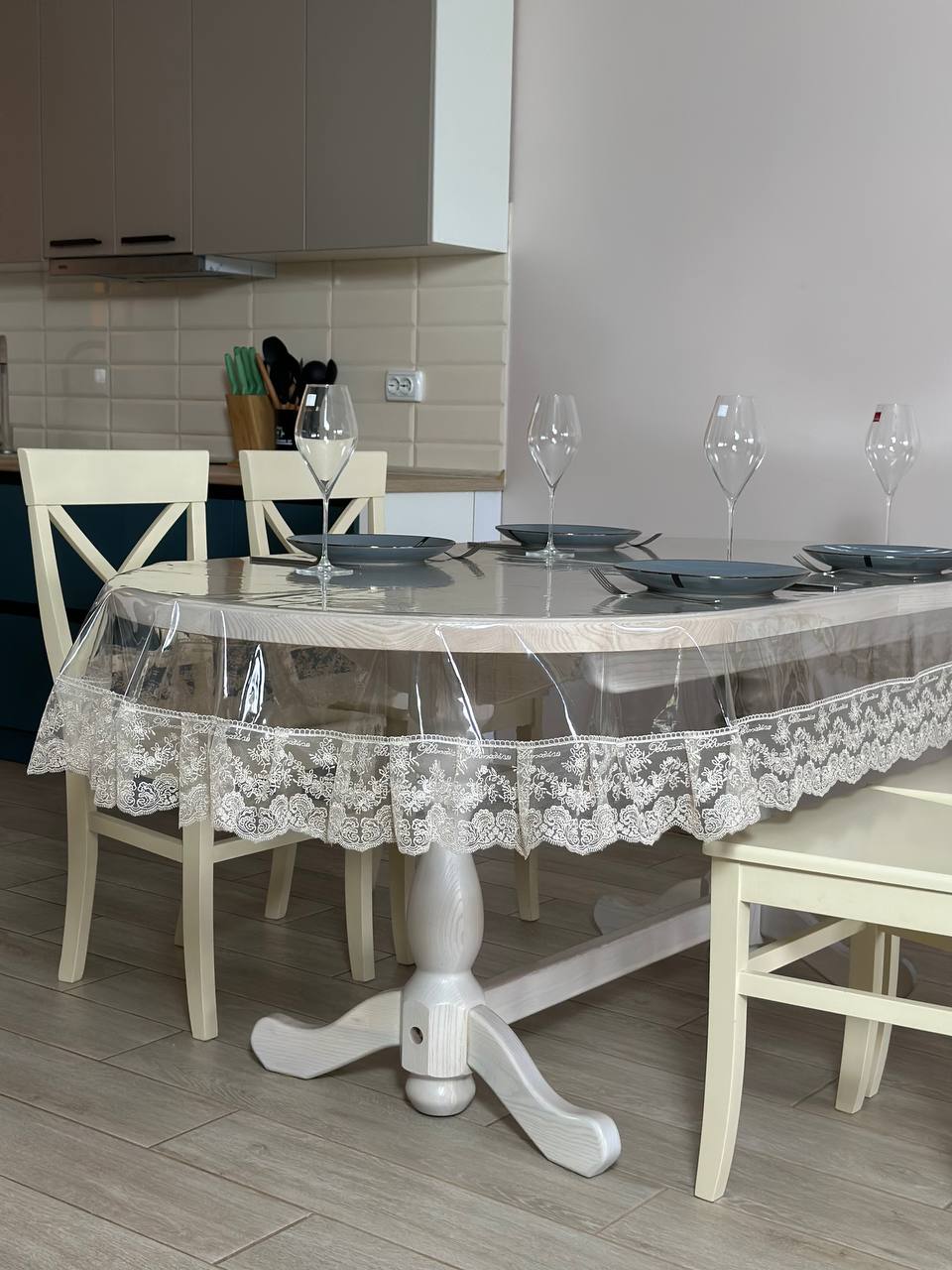 Silicone tablecloth with Blumarine lace, color: Cappuccino (custom size or standard size)