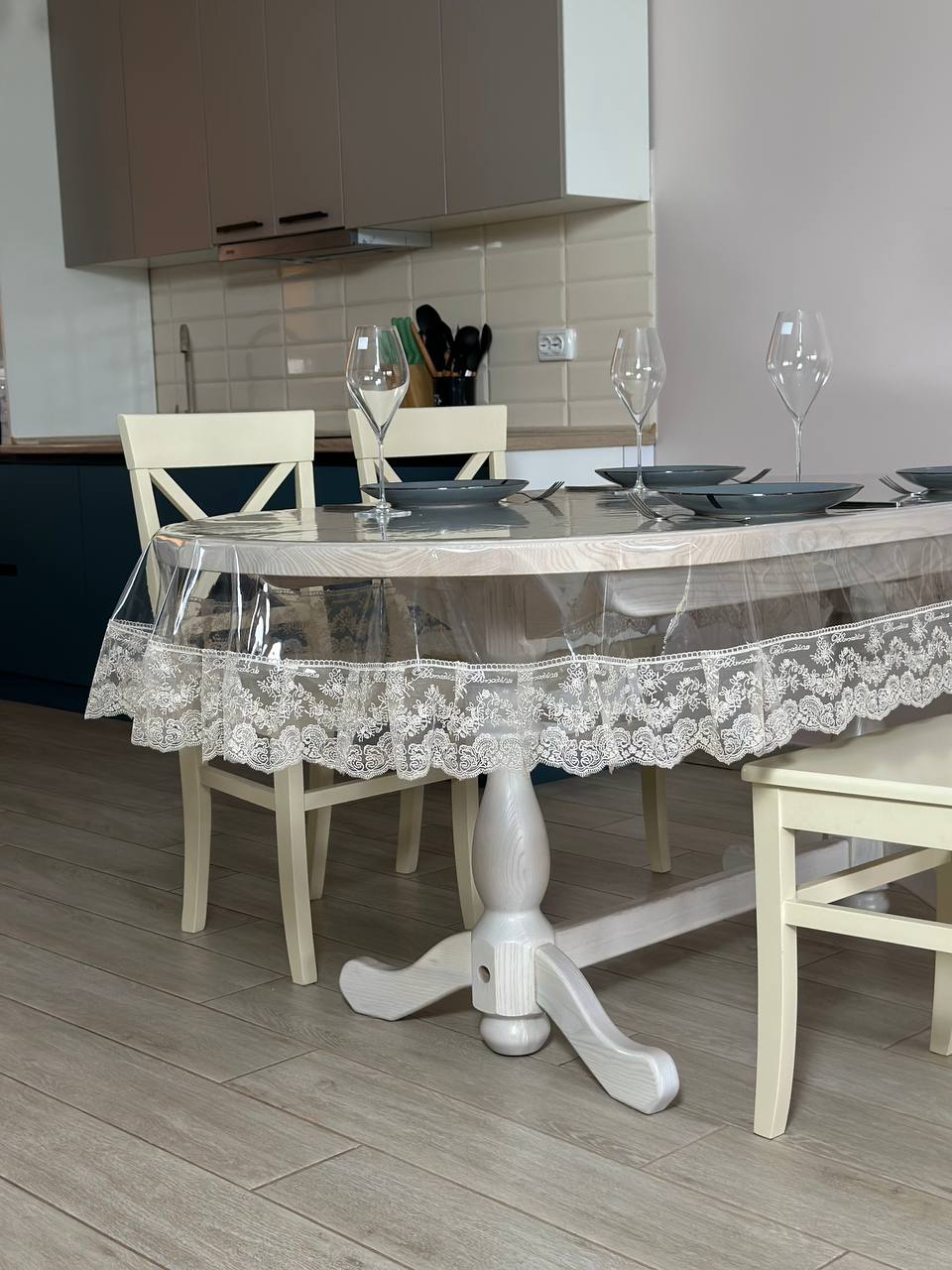 Silicone tablecloth with Blumarine lace, color: Cappuccino (custom size or standard size)