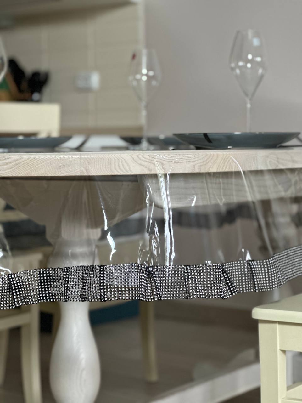 Tablecloth silicone with stones 1 ribbon, color Silver and black (Custom or standard size)