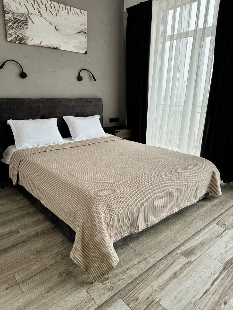 Plaid bedspread braid-combined, 100% cotton, beige color