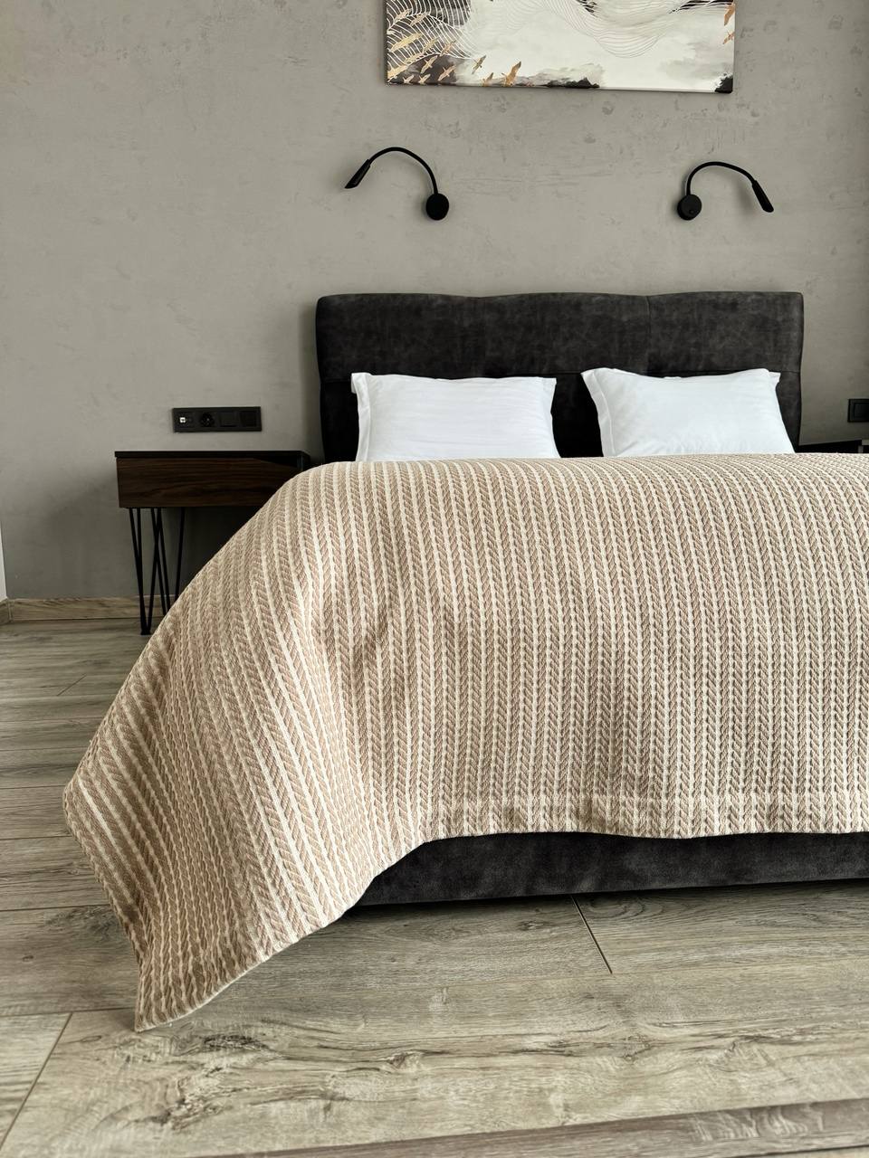 Plaid bedspread braid-combined, 100% cotton, beige color