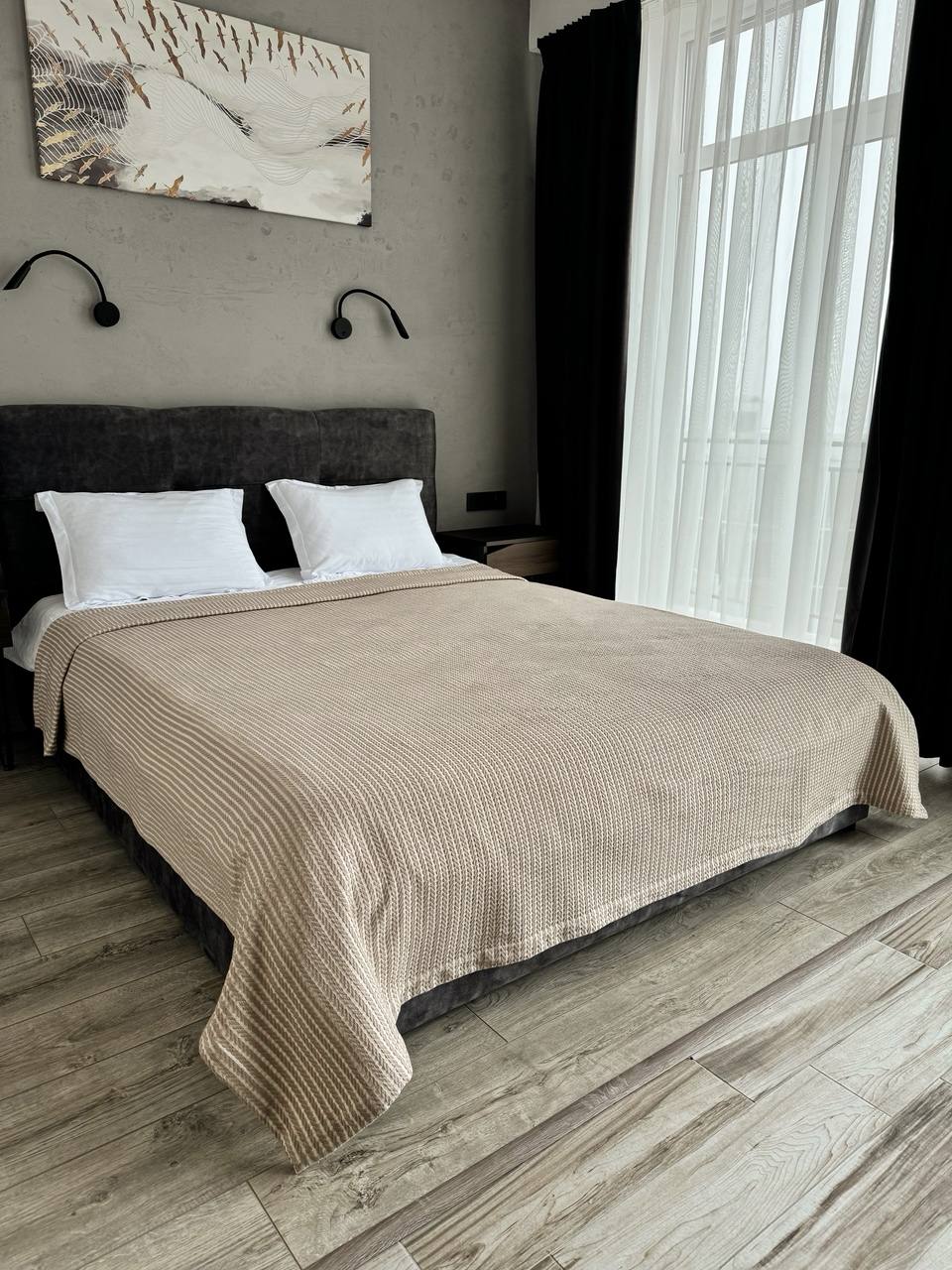 Plaid bedspread braid-combined, 100% cotton, beige color
