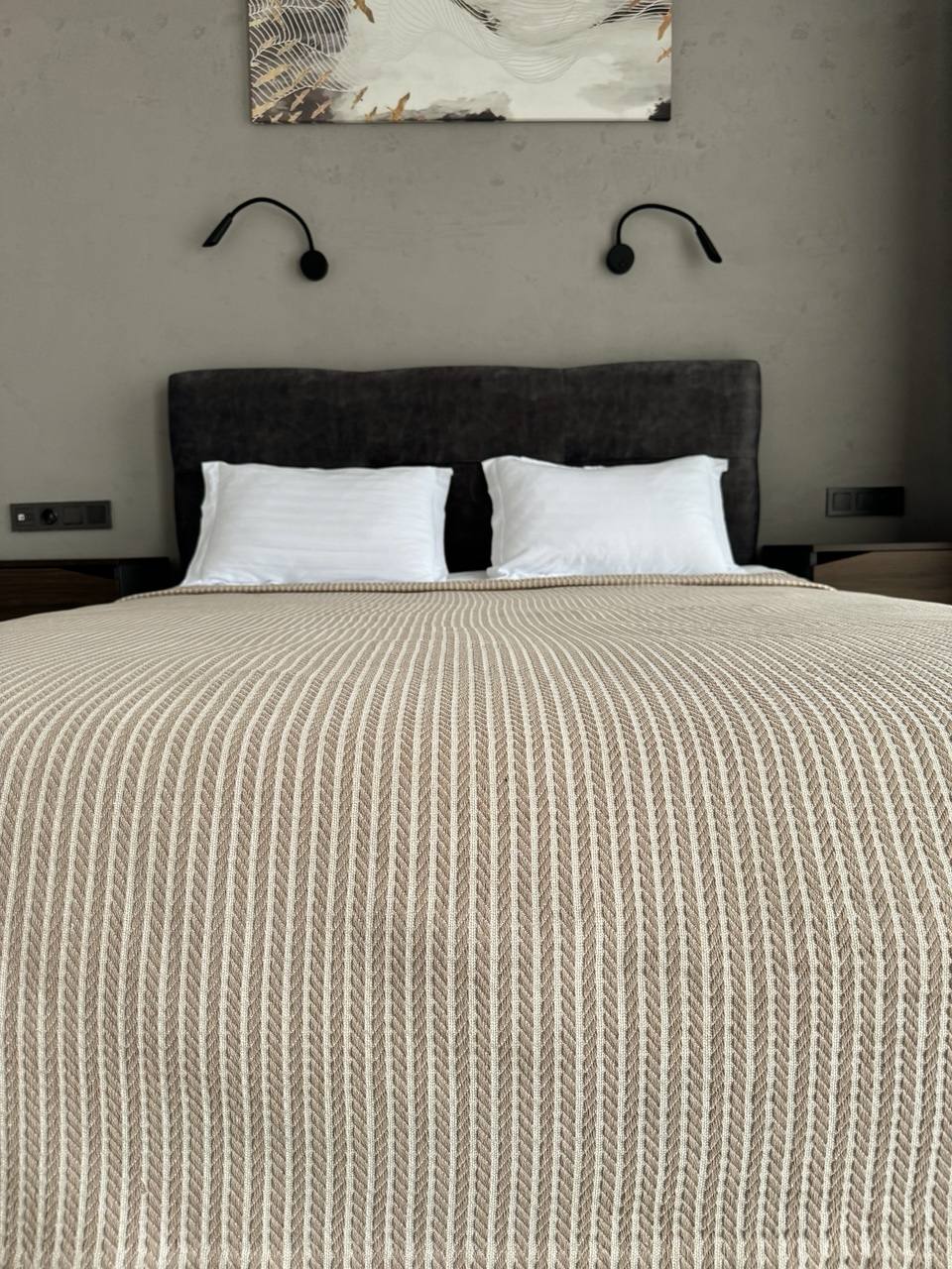 Plaid bedspread braid-combined, 100% cotton, beige color