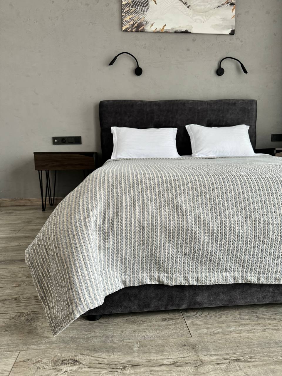Plaid bedspread braid-combined, 100% cotton, gray color