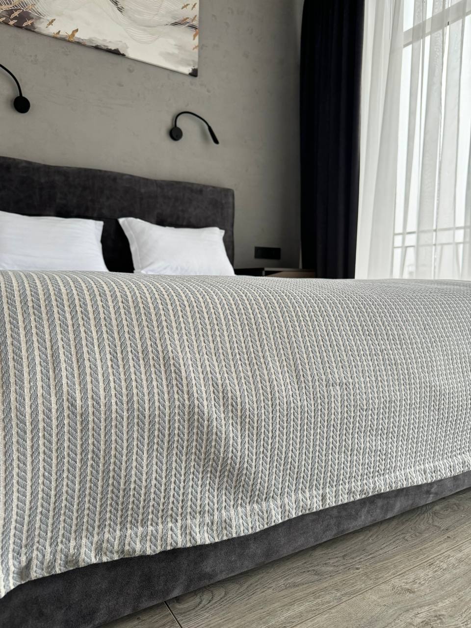 Plaid bedspread braid-combined, 100% cotton, gray color