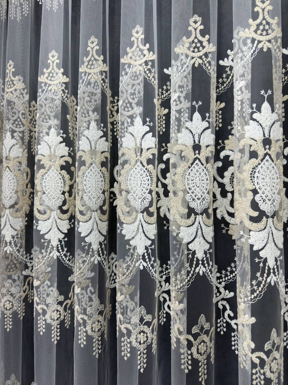 Sheer curtain with beautiful embroidery, milk with gold color