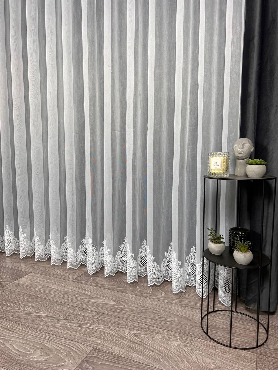 Sheer curtain with chenille embroidery on the bottom , white color