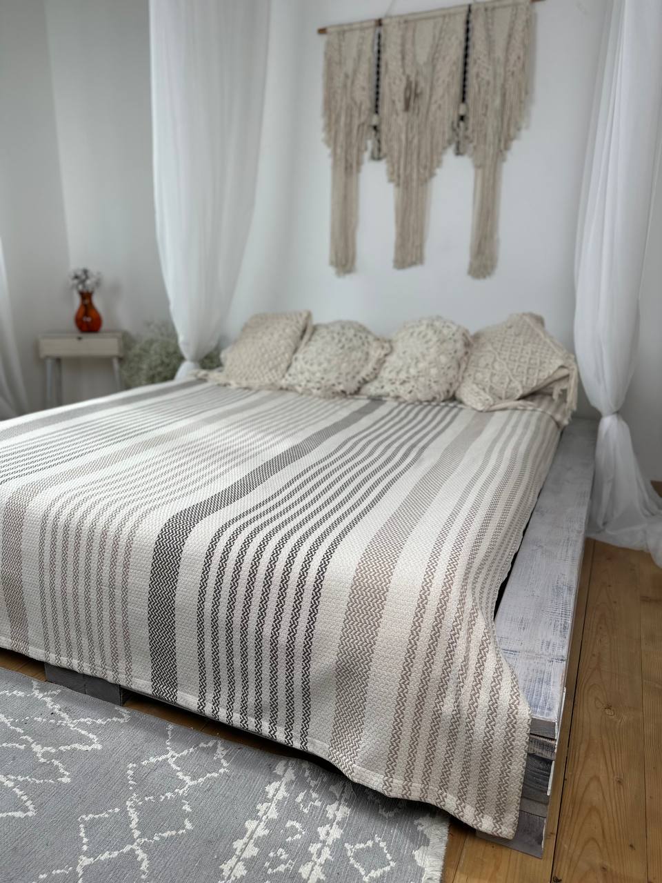Plaid bedspread “Line”, 100% cotton, beige color