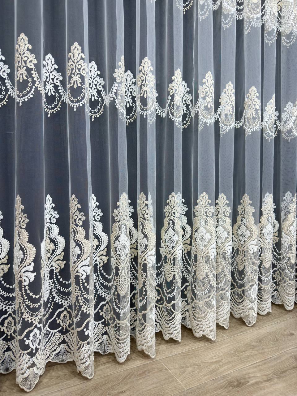 Premium quality sheer curtain with embroidery on the base, milk with gold color
