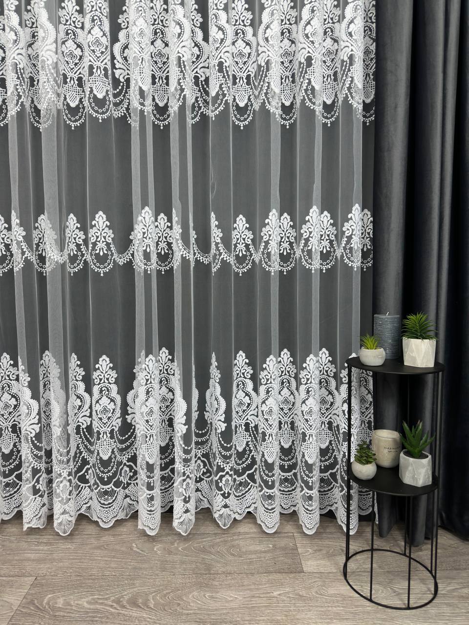 Premium quality sheer curtain with embroidery on the base, white color