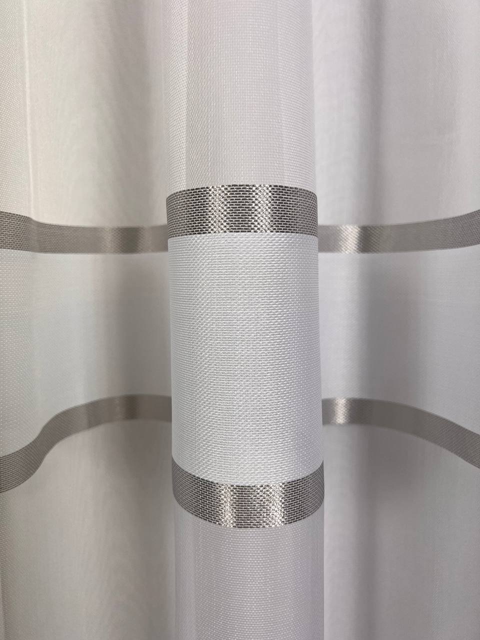 Sheer curtain with stripes and satin inserts, gray color