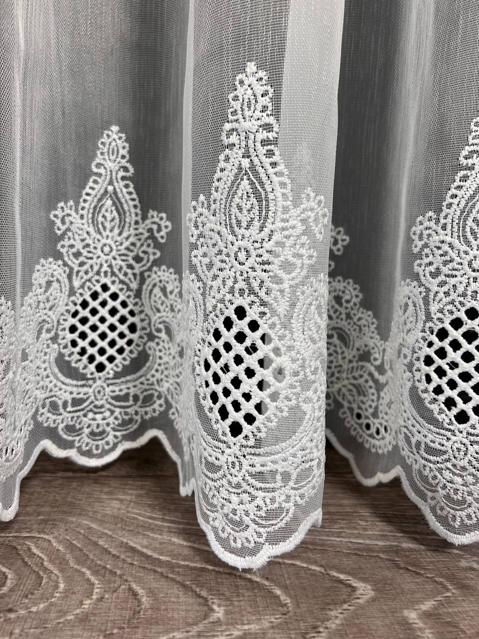Sheer curtain with chenille embroidery on the bottom , white color