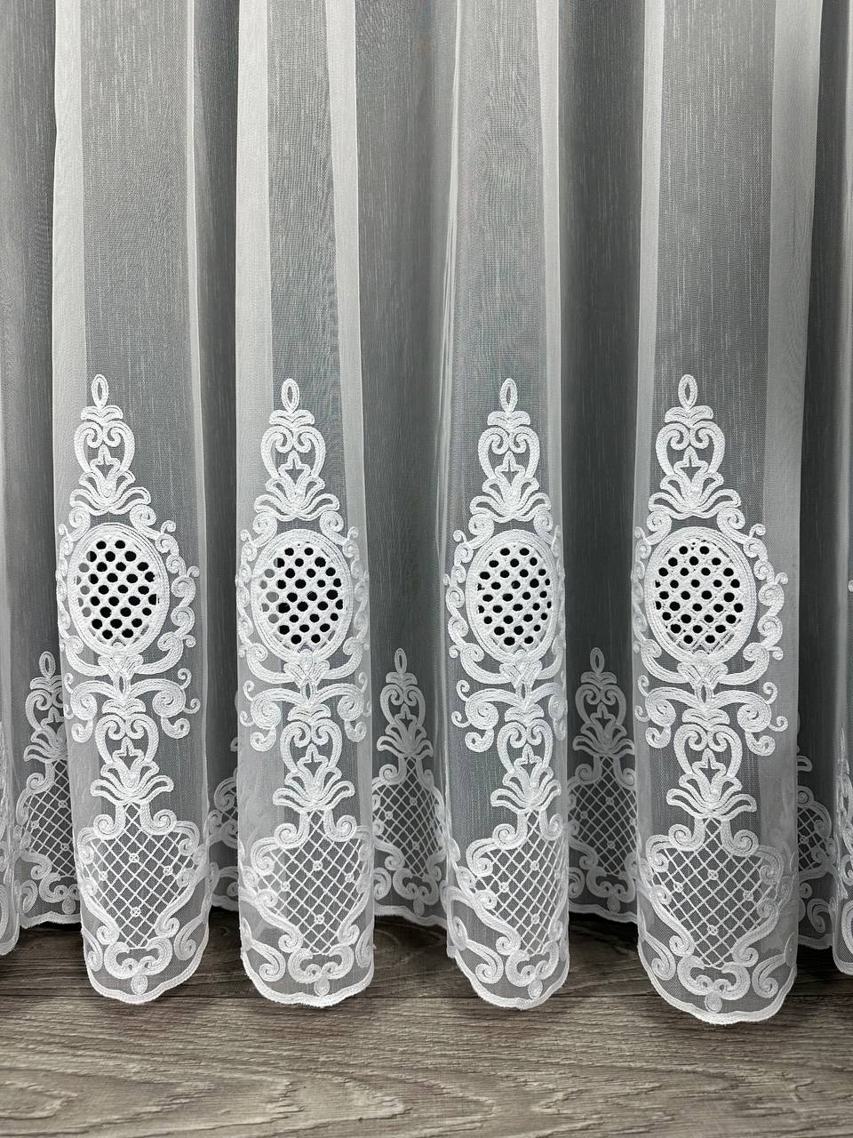 Sheer curtain with chenille embroidery on the bottom , white color