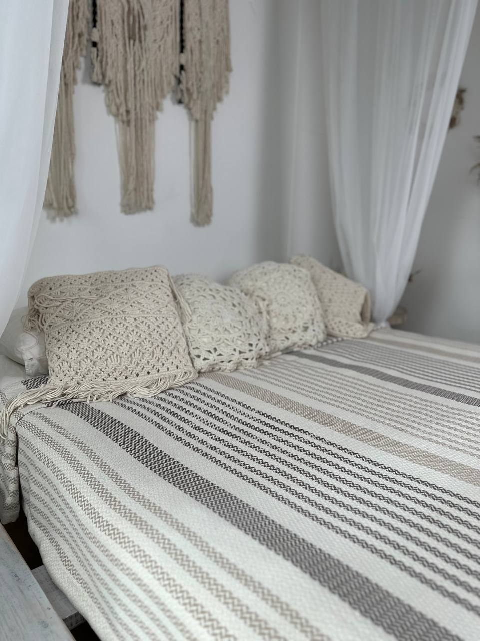Plaid bedspread “Line”, 100% cotton, beige color