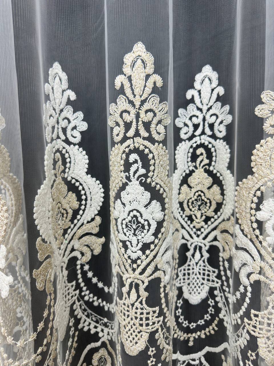 Premium quality sheer curtain with embroidery on the base, milk with gold color