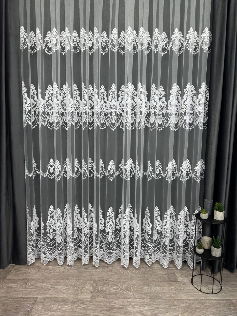Premium quality sheer curtain with embroidery on the base, white color