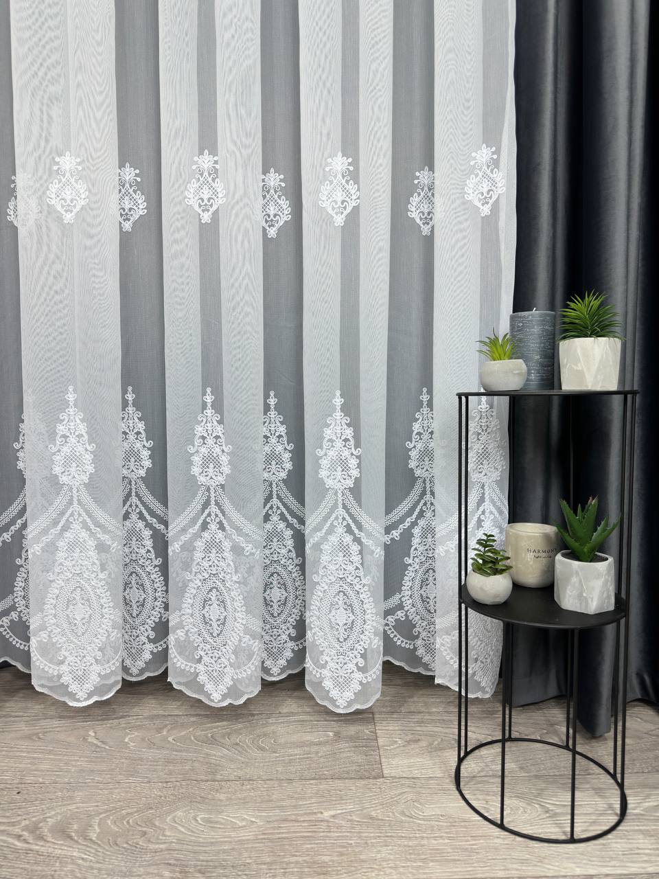 Bamboo-based sheer curtain with beautiful embroidery, white color