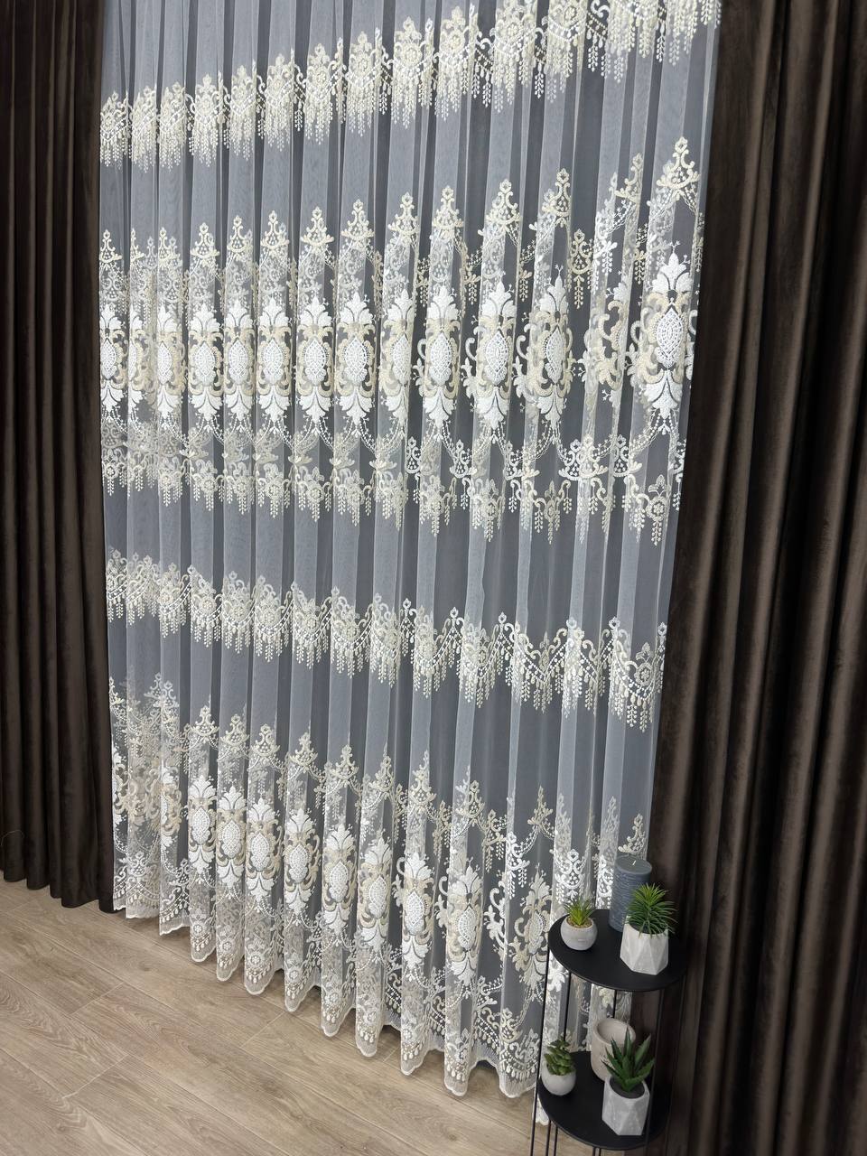 Sheer curtain with beautiful embroidery, milk with gold color