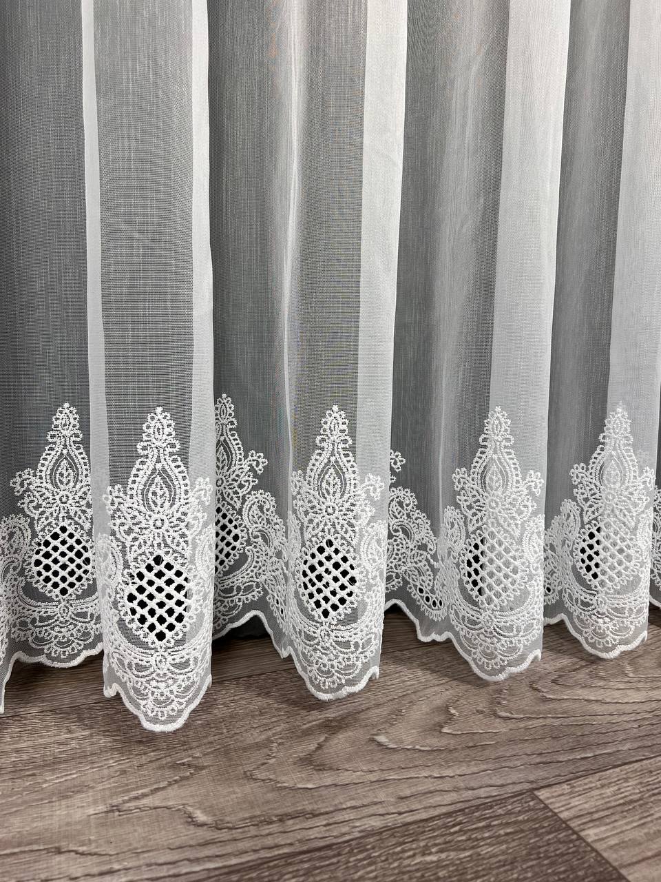 Sheer curtain with chenille embroidery on the bottom , white color