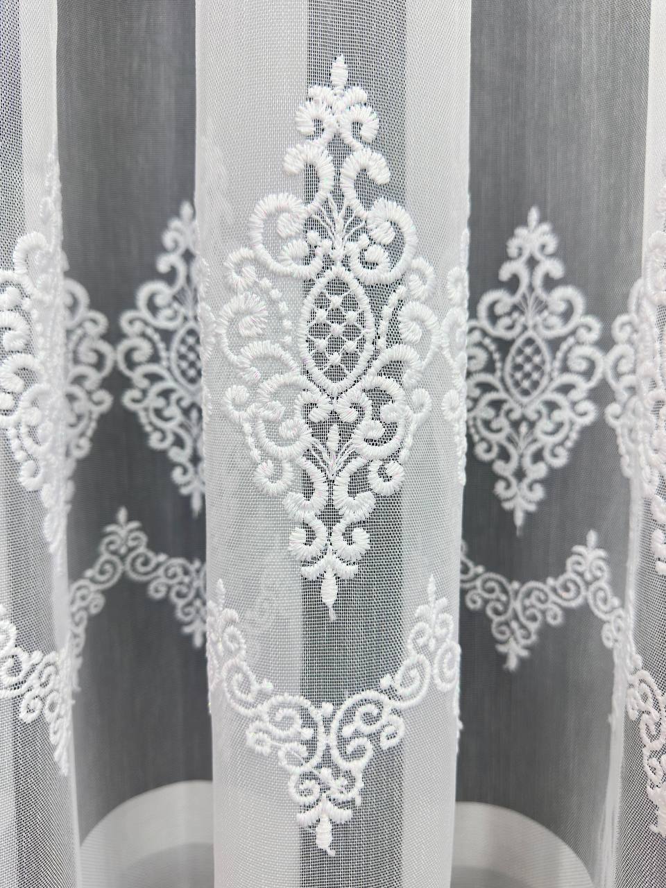 Bamboo-based tulle with stripes and embroidery, white color