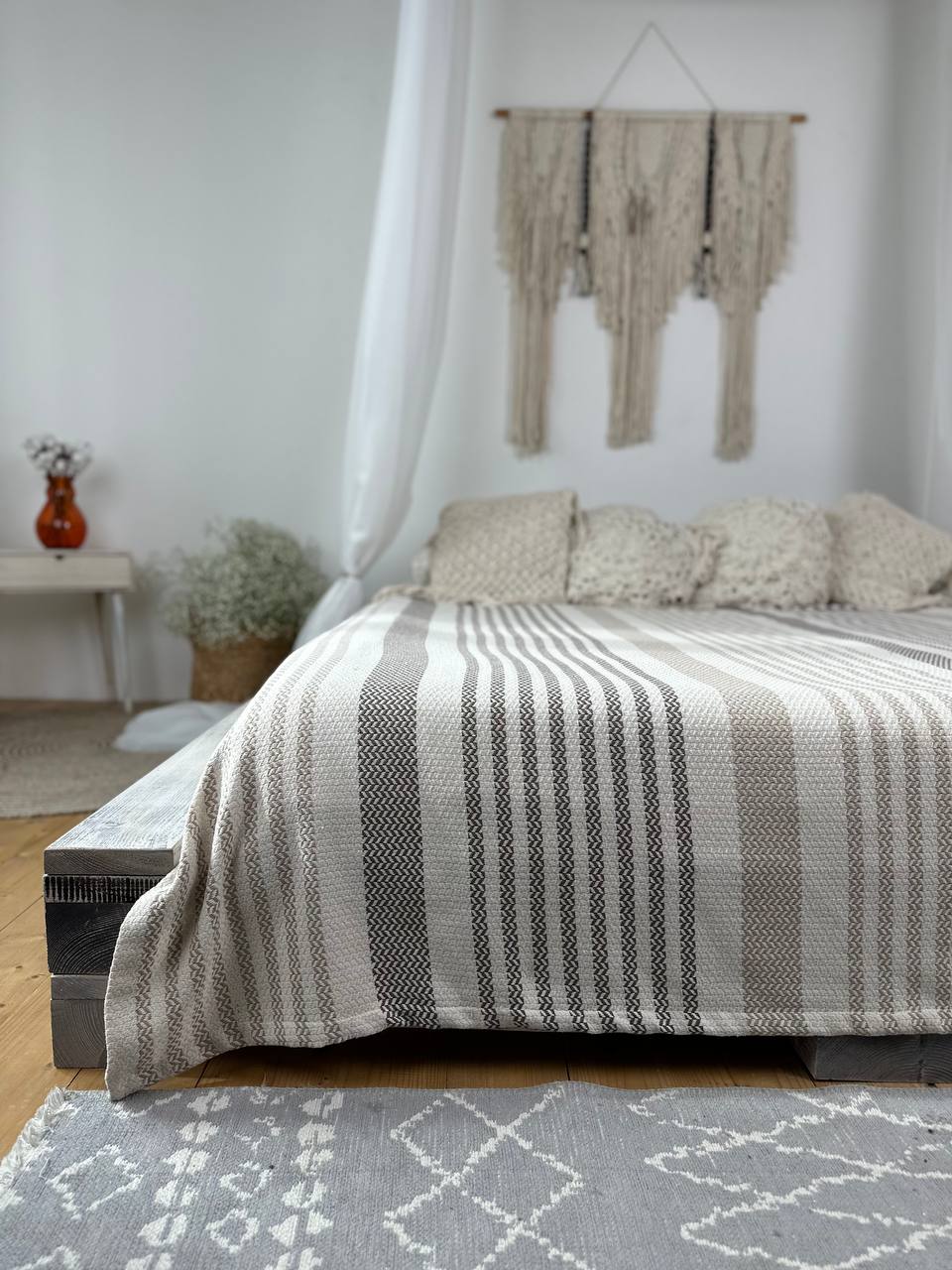 Plaid bedspread “Line”, 100% cotton, beige color