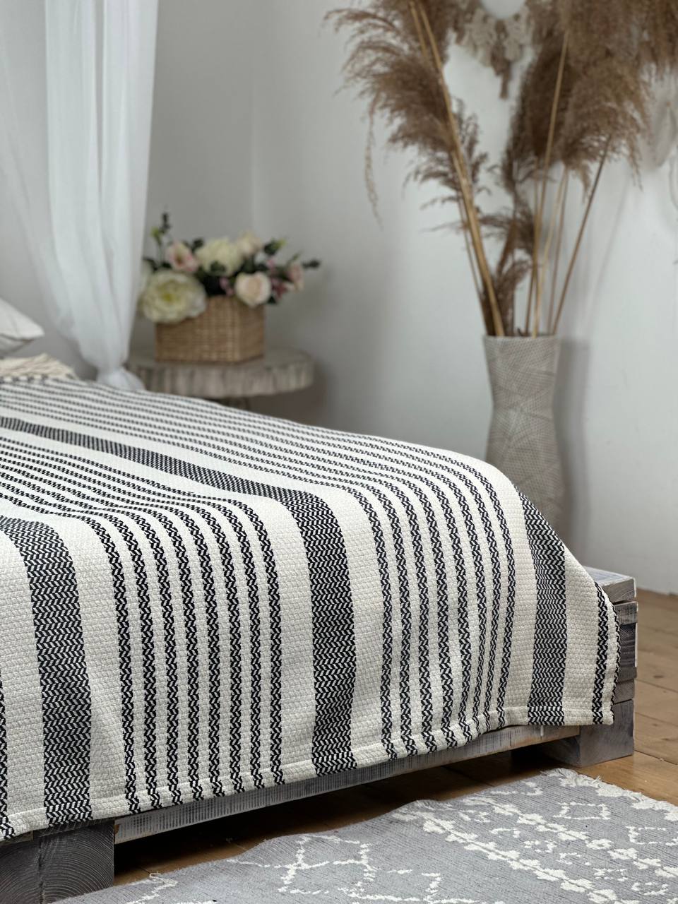 Plaid bedspread “Line”, 100% cotton, dark gray color