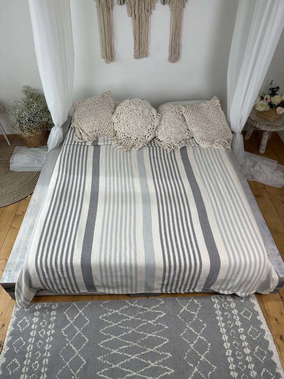Plaid bedspread “Line”, 100% cotton, gray color