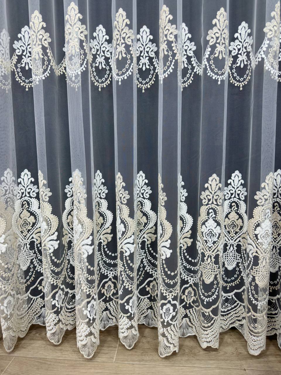 Premium quality sheer curtain with embroidery on the base, milk with gold color