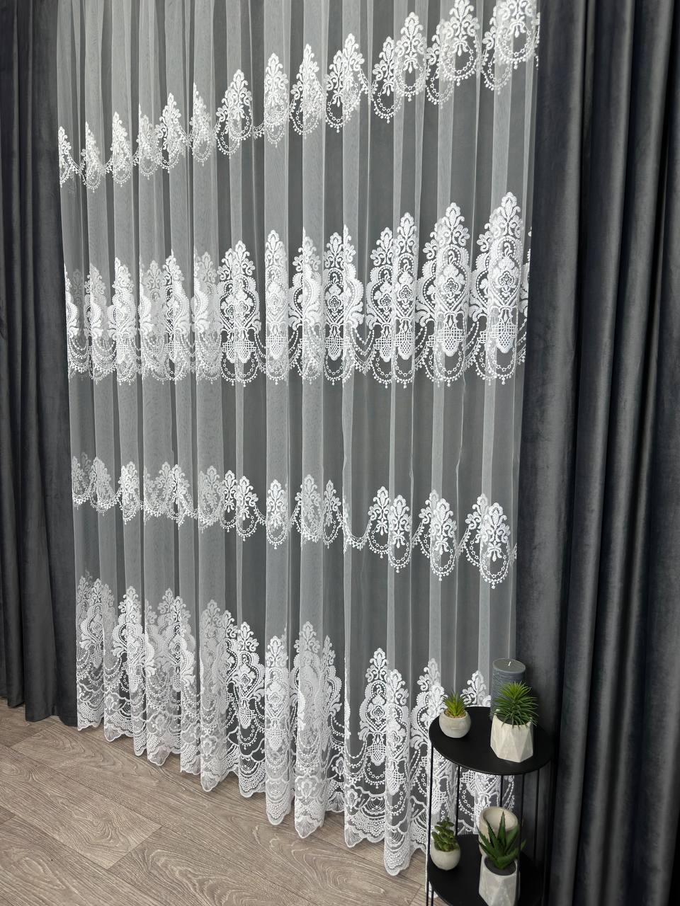 Premium quality sheer curtain with embroidery on the base, white color