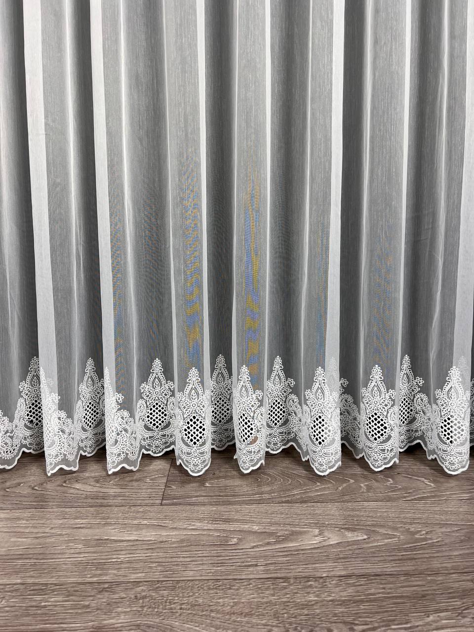 Sheer curtain with chenille embroidery on the bottom , white color